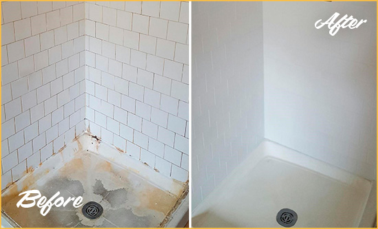 Before and After Picture of a Glen Cove Shower Tile and Grout Cleaned to Remove Soap Scum
