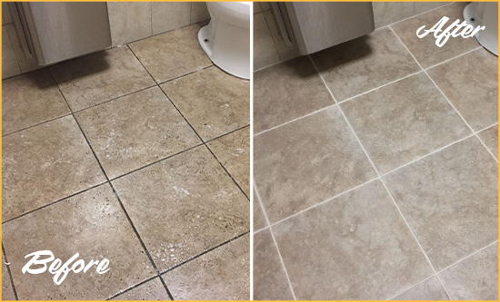 Before and After Picture of a Great Neck Restroom Tile and Grout Cleaned to Remove Soil