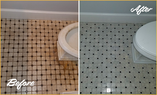 Before and After Picture of a Hicksville Bathroom Tile and Grout Cleaned to Remove Stains