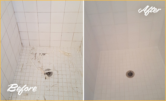 Before and After Picture of a Syosset Bathroom Re-Caulked To Repair Damaged Caulking