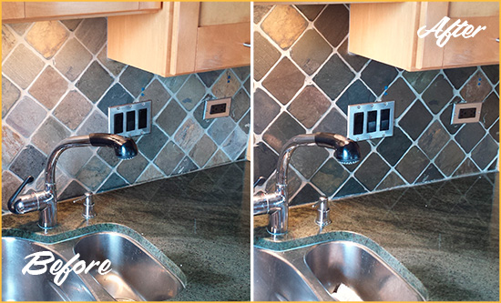 Before and After Picture of a Long Beach Backsplash Caulked to Fix and Prevent Water Leaks