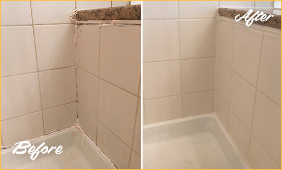 Before and After Picture of a Old Westbury Shower Caulked to Repair Damaged Caulking