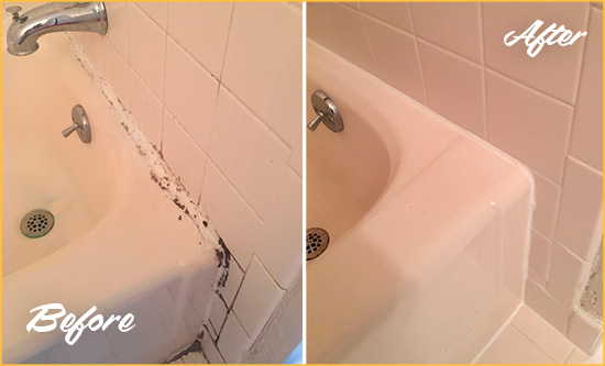Before and After Picture of a Massapequa Park Bathroom Sink Caulked to Fix a DIY Proyect Gone Wrong