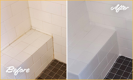 Before and After Picture of a Old Westbury Shower Seat Caulked to Protect Against Mold and Mildew Growth