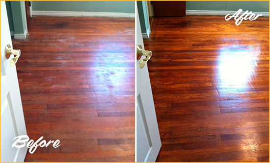 Before and After Picture of a Greenvale Wood Sandless Refinishing Service on a Dull Floor to Remove Stains