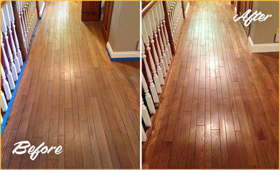 Before and After Picture of a Lawrence Wood Sandless Refinishing Service on a Worn Out Floor