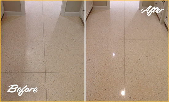 Before and After Picture of a Atlantic Beach Granite Stone Floor Polished to Repair Dullness