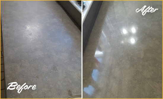Before and After Picture of a Dull Freeport Limestone Countertop Polished to Recover Its Color