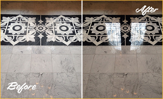 Before and After Picture of a Malverne Marble Stone Floor Polished to a Mirror Shine