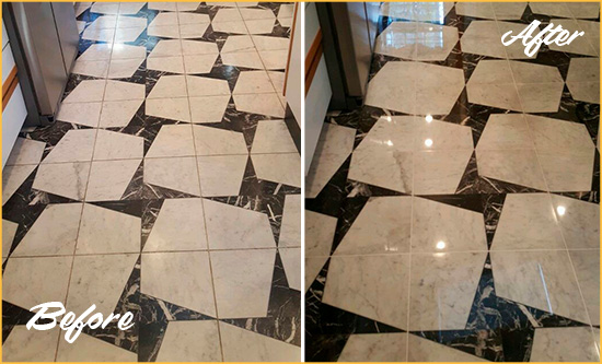 Before and After Picture of a Dull Woodmere Marble Stone Floor Polished To Recover Its Luster