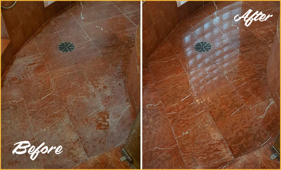 Before and After Picture of a Franklin Square Marble Stone Shower Polished to Eliminate Mineral Deposits