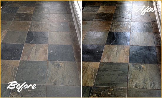 Before and After Picture of a Dull Woodmere Slate Floor Sealed to Bring Back Its Colors