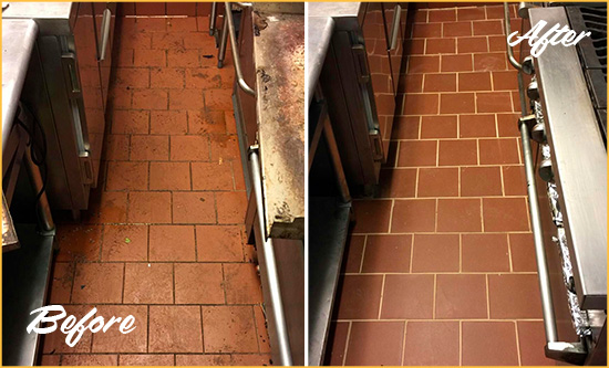 Before and After Picture of a Port Washington Restaurant Kitchen Floor Sealed to Remove Soil