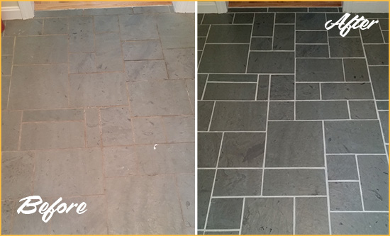 Before and After Picture of a Wantagh Slate Floor Cleaned to Remove Deep-Seated Dirt