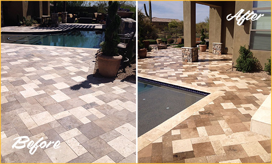 Before and After Picture of a Dull Lynbrook Travertine Pool Deck Cleaned to Recover Its Original Colors
