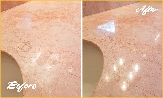 Before and After Picture of a Freeport Marble Stone Vanity Top Sealed to Avoid Water Marks
