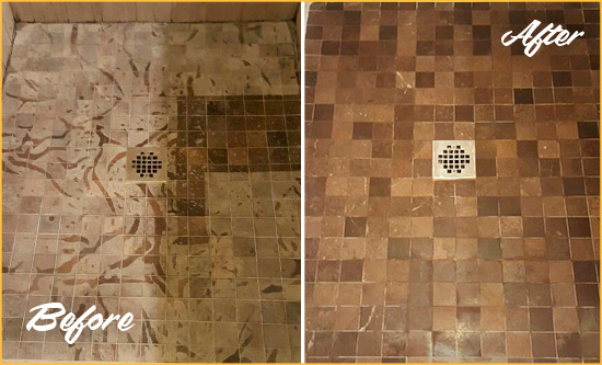 Before and After Picture of a Hewlett Marble Shower Honed to Remove Etching