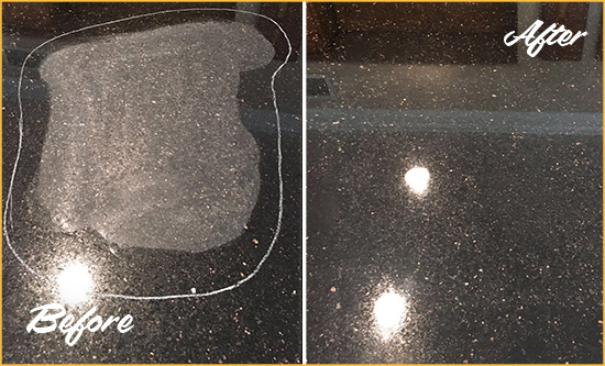 Before and After Picture of a Bellmore Hard Surface Restoration Service on a Granite Countertop to Remove Scratches