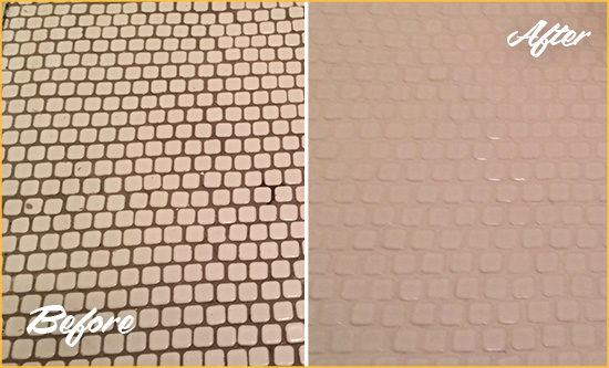 Before and After Picture of a Bellmore Hard Surface Restoration Service on a Bathroom Tile Floor Recolored to Fix Grout Color