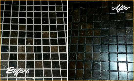 Before and After Picture of a Belleville Black Floor with Recolored Grout