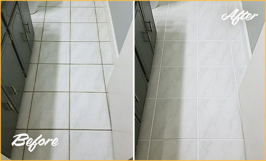 Before and After Picture of a Old Bethpage White Ceramic Tile with Recolored Grout