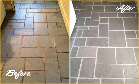 Before and After Picture of Damaged Long Beach Slate Floor with Sealed Grout