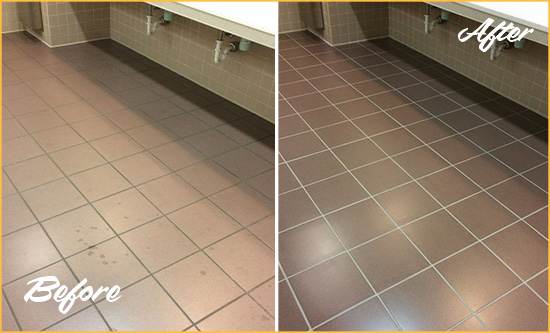 Before and After Picture of Dirty Oyster Bay Office Restroom with Sealed Grout