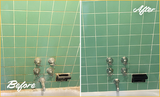 Before and After Picture of a Lawrence Bath Tub Grout Sealed to Avoid Water Damage