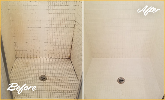Before and After Picture of a Franklin Square Bathroom Grout Sealed to Remove Mold