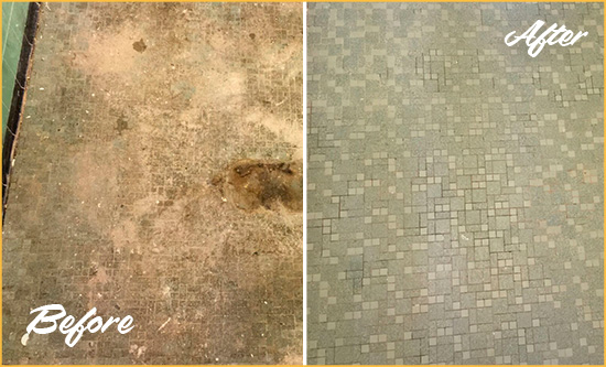 Before and After Picture of a Oceanside Mosaic Shower Cleaned to Eliminate Embedded Dirt