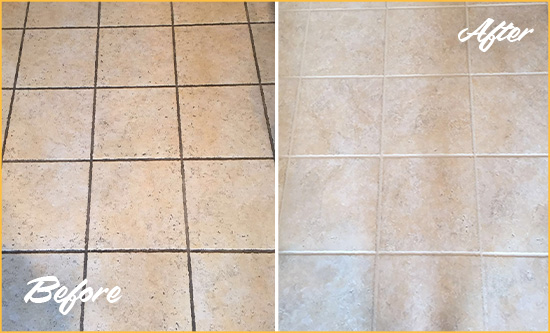Before and After Picture of a Hewlett Ceramic Floor Cleaned to Remove Soil