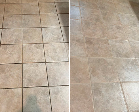 Bathroom Floor Before and After a Grout Cleaning in Long Beach