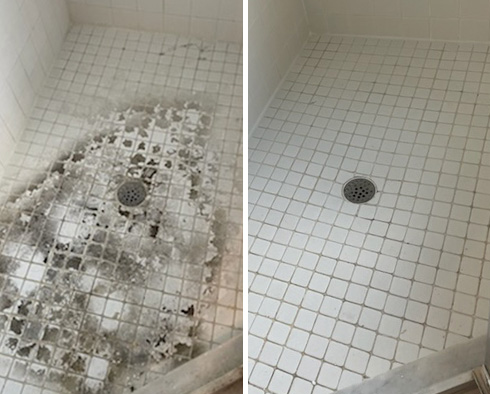 Shower Floor Before and After a Service from Our Tile and Grout Cleaners in Long Beach