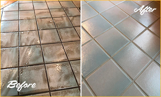 Before and After Picture of a Dirty Kitchen Floor Cleaned and Restored for Extra Protection 2