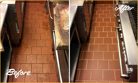 Before and After Picture of a Hewlett Restaurant Kitchen Tile and Grout Cleaned to Eliminate Dirt and Grease Build-Up