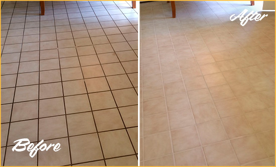 Before and After Picture of a Rockville Centre Kitchen Tile and Grout Cleaned to Remove Embedded Dirt