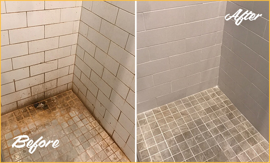 Before and After Picture of a Hewlett Shower Tile and Grout Cleaned to Eliminate Mold and Stains