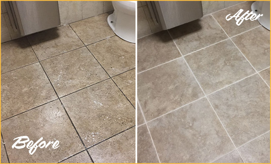 Before and After Picture of a Great Neck Plaza Restroom Tile and Grout Cleaned to Remove Soil