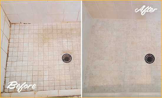 Before and After Picture of a Plainview Shower Caulked to Fix Cracks