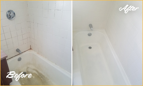 Before and After Picture of a Roslyn Heights Bathtub Caulked to Repair Cracks