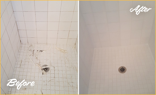 Before and After Picture of a Kensington Bathroom Re-Caulked To Repair Damaged Caulking