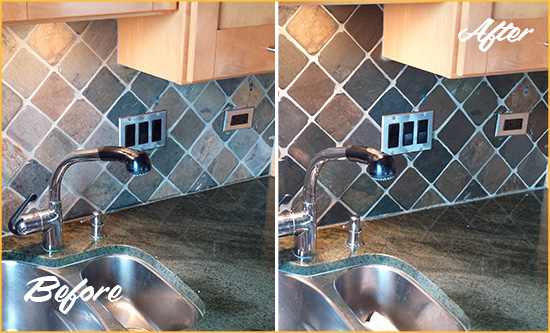 Before and After Picture of a Plainview Backsplash Caulked to Fix and Prevent Water Leaks