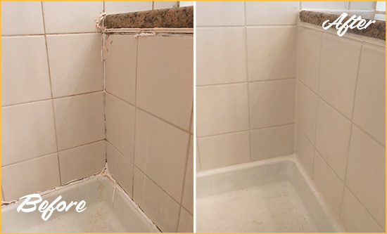 Before and After Picture of a Plainview Shower Caulked to Repair Damaged Caulking