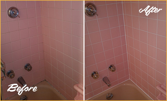 Before and After Picture of a Plainview Bathtub Caulked to Eliminate Mold
