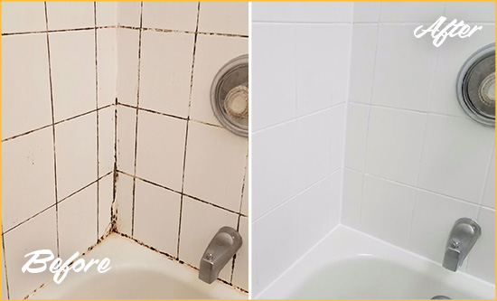 Before and After Picture of a Wantagh Tub Caulked to Remove and Avoid Mold