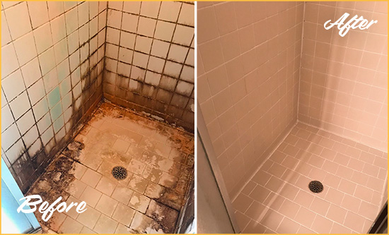 Before and After Picture of a Plainview Shower Caulked to Fix and Prevent Water Damage
