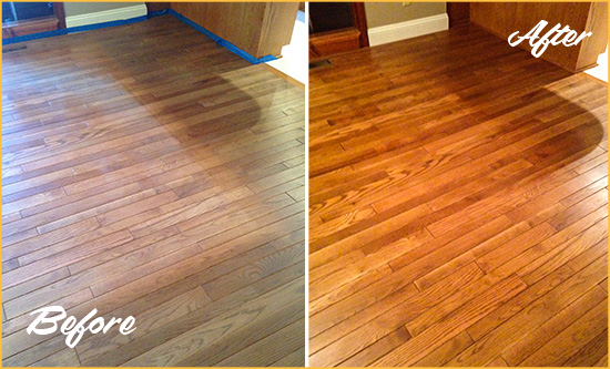 Before and After Picture of a Glen Cove Wood Sandless Refinishing Service on a Dull Floor to Recover Its Sheen