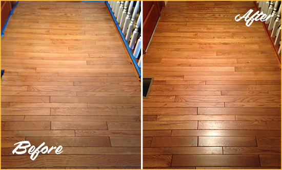 Before and After Picture of a Glen Head Wood Sandless Refinishing Service on a Dull Hallway