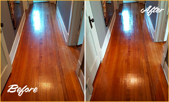 Before and After Picture of a Glen Cove Wood Sandless Refinishing Service on a Floor to Eliminate Scratches
