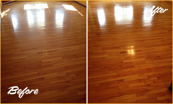 Before and After Picture of a Malverne Wood Sandless Refinishing Service on a Room Floor to Remove Scratches